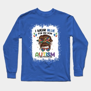 Autism Awareness shirt Mom Messy Bun I Wear Blue For My Son Long Sleeve T-Shirt